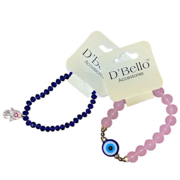 •D'BELLO•NWT PINK & BLUE BUNDLE OF 2- BOHO STACK HAMAS EVIL EYE BEADED BRACELETS - Picture 4 of 9